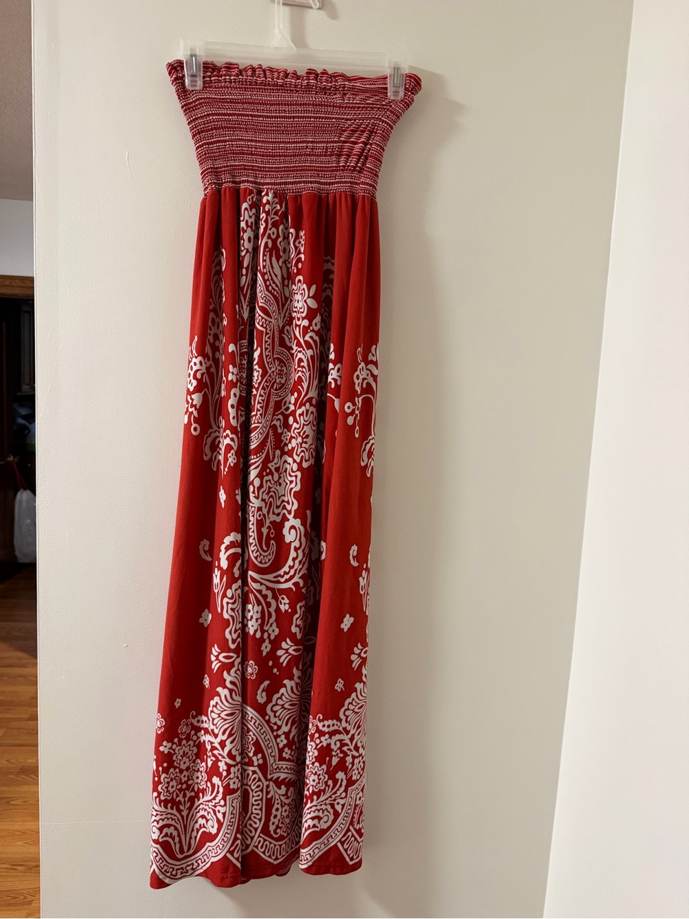 Strapless Red Paisley Maxi Dress with Smocked Bodice